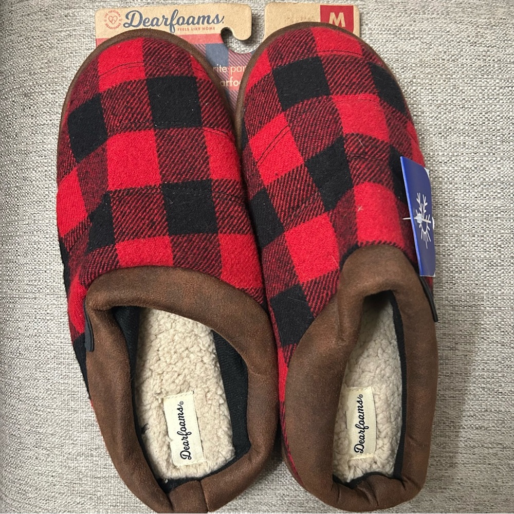 Dearfoams Gingham Black/Red Mens Slipper Shoes Size Medium-9-10